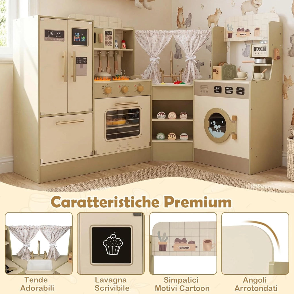 Cucina Giocattolo d'Angolo per Bambini, Cucina Gioco in Legno con Forno, Tostapane, Macchina del Caffè, Frigorifero e 21 Accessori, Gioco Educativo per Bambini 3+ Anni, 146,5 x 54 x 85,5 cm