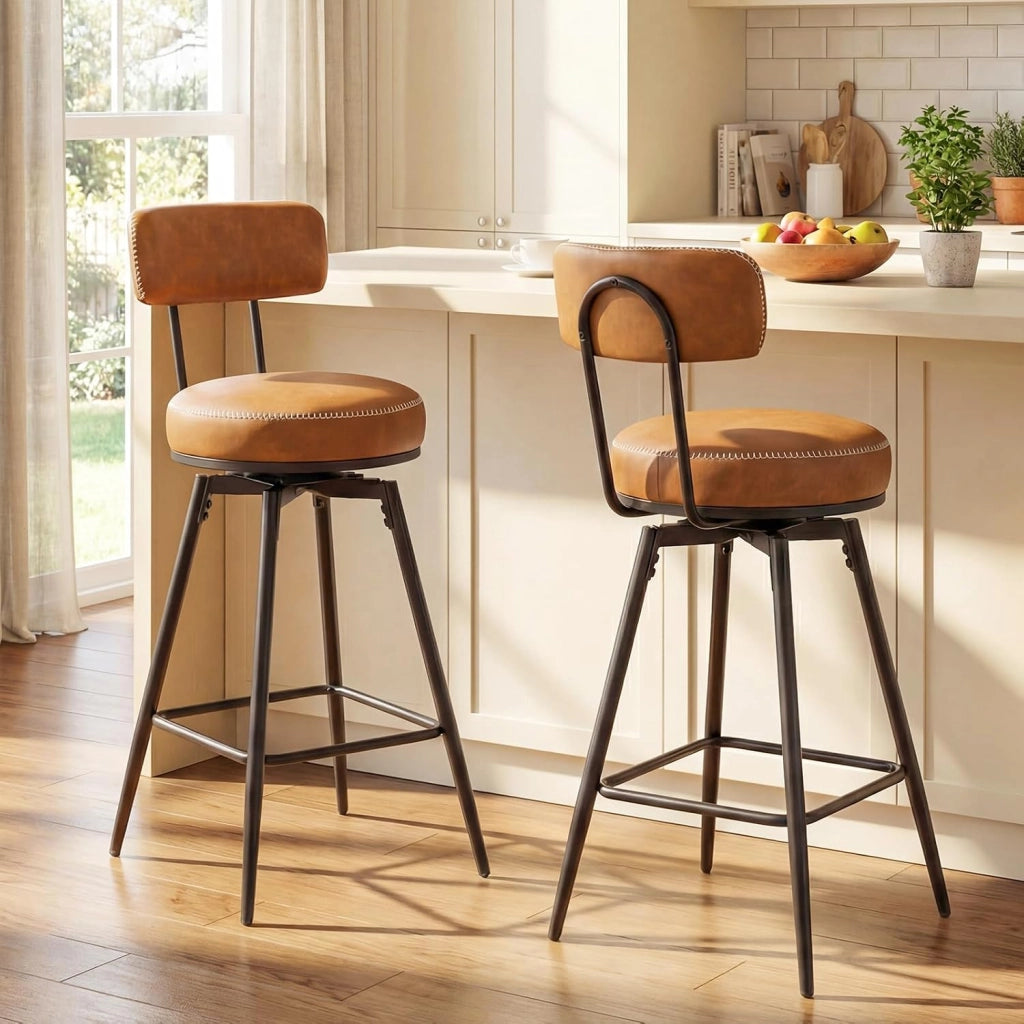 Set di 2 Sgabelli Girevoli, Sedie da Bar Moderne con Schienale Imbottito, Poggiapiedi e Gambe in Metallo, Sgabelli Imbottiti in Similpelle per Isola Cucina e Sala da Pranzo (Marrone, Rotondo)