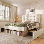 Letto singolo 90x200 cm, rivestito in velluto, testiera regolabile, 2 cassetti, beige