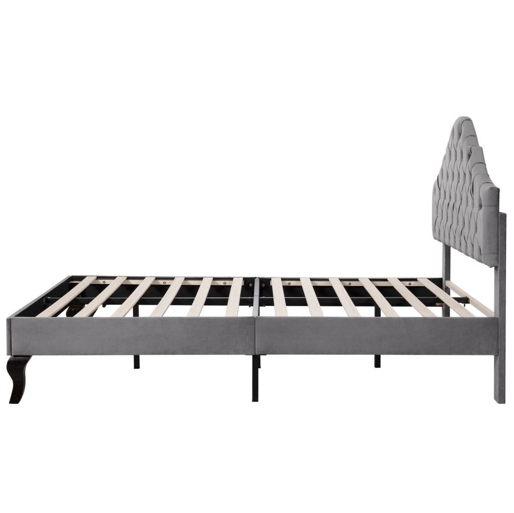 Letto imbottito matrimoniale 140x200 cm in velluto grigio con rete a doghe e testiera