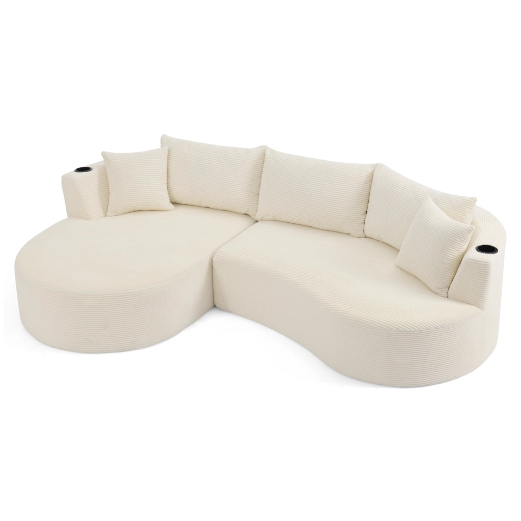 Divano 3 Posti con Chaise Longue Sinistra ¨C MINIMAL ¨C Velluto a Coste, Beige, con Cuscini e Portabicchieri