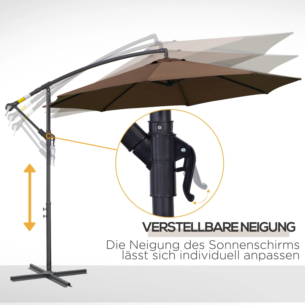 Parasole a sbalzo con manovella diametro 3x2.5 m telaio in acciaio tessuto poliestere colore caffè resistente per giardino e terrazza