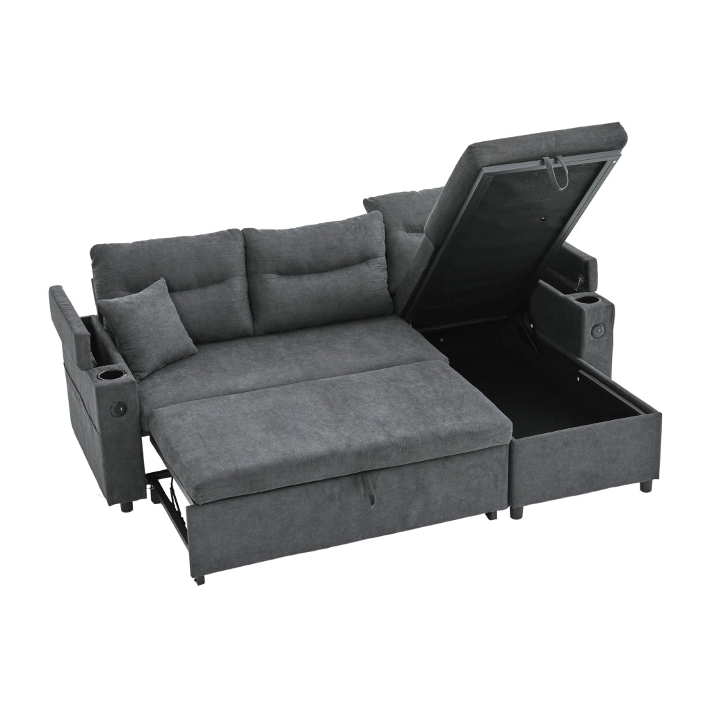 Divano 3 posti effetto lino con chaise longue, letto estraibile, contenitore e USB-C