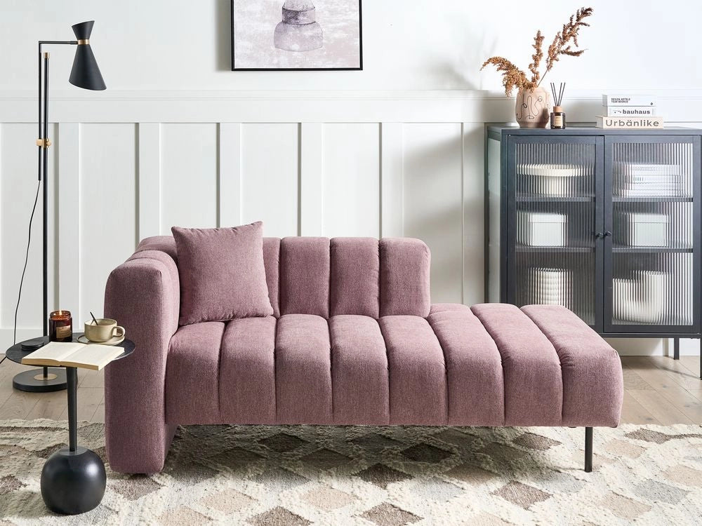Chaise Lounge con Rivestimento in tessuto rosa Gambe nere Cuscino aggiuntivo lato sinistro Design moderno e glam