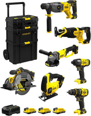 STANLEY FatMax Kit SVK704 (SFMCH900 + SFMCG400 + SFMCD720 + SFMCF800 + SFMCS500 + SFMCS600 + SFMCS300 + 3 Batterie 2,0 Ah + Caricabatteria + Caddy 3in1)