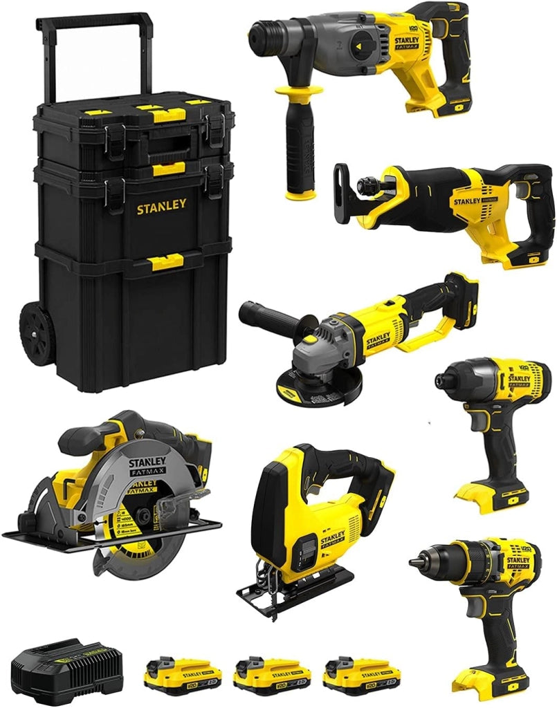 STANLEY FatMax Kit SVK704 (SFMCH900 + SFMCG400 + SFMCD720 + SFMCF800 + SFMCS500 + SFMCS600 + SFMCS300 + 3 Batterie 2,0 Ah + Caricabatteria + Caddy 3in1)