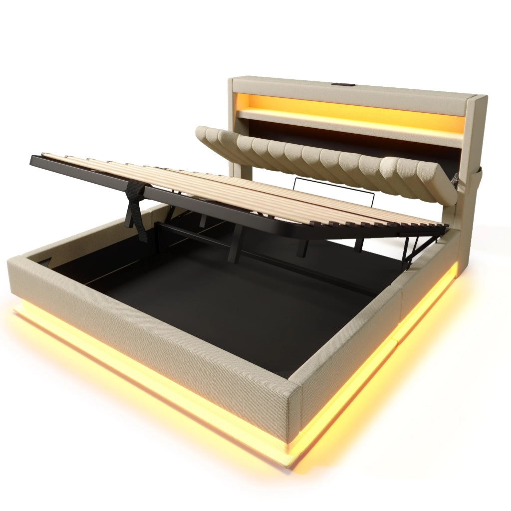 Letti contenitori 180x200 cm; testiera con LED e porte USB; lino beige (Senza materasso)