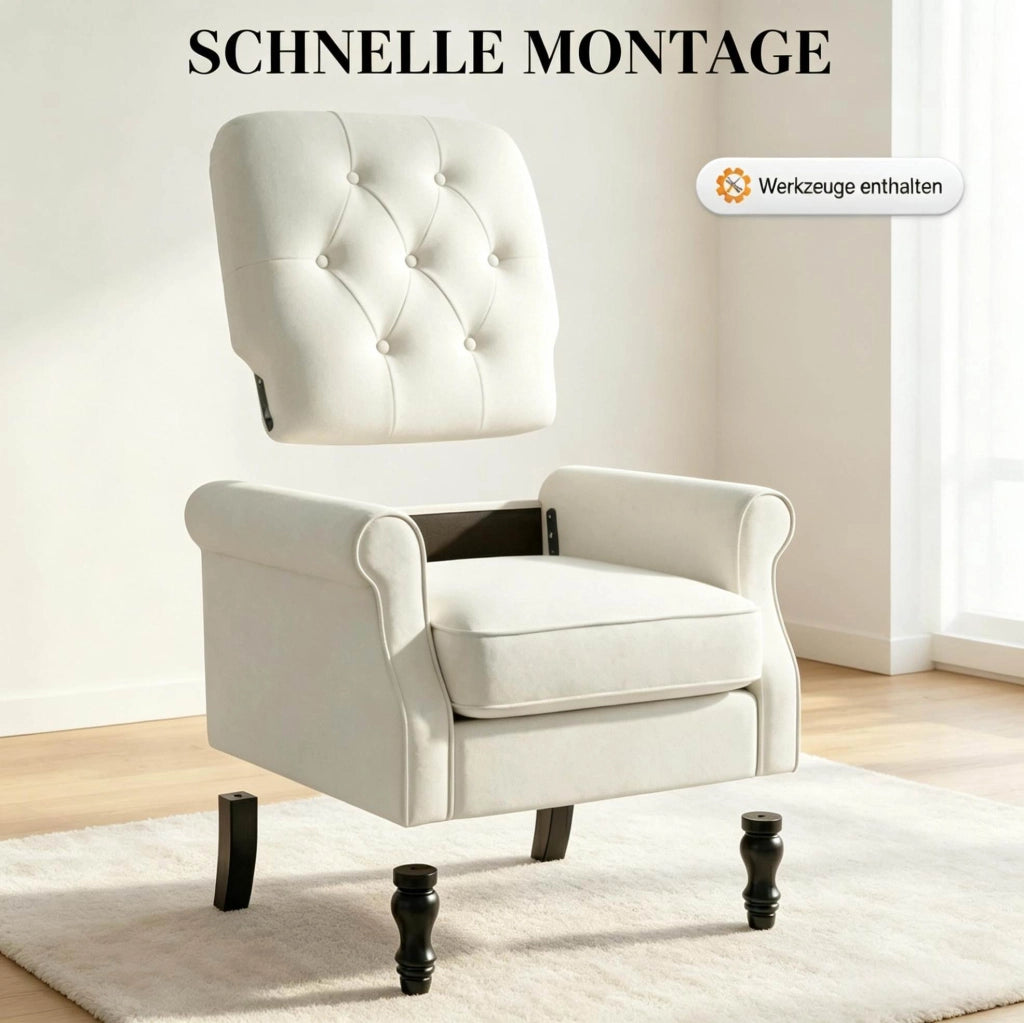 Poltrona lounge in tessuto effetto lino crema con molle