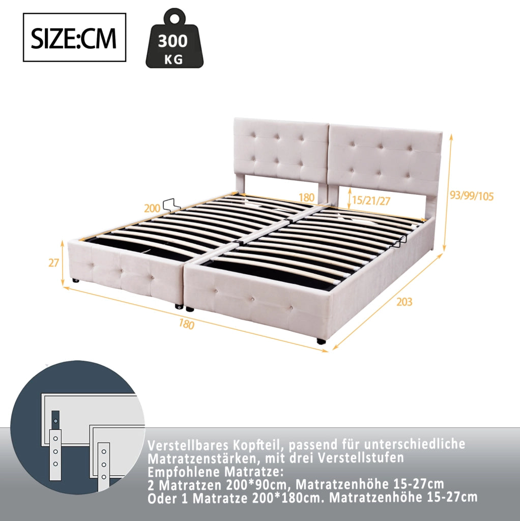 Letto imbottito 180x200 con contenitore idraulico e funzione 2 in 1