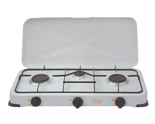 FORNELLO A GAS GPL A 3 FUOCHI CON COPERCHIO  cm.57x33x10h.