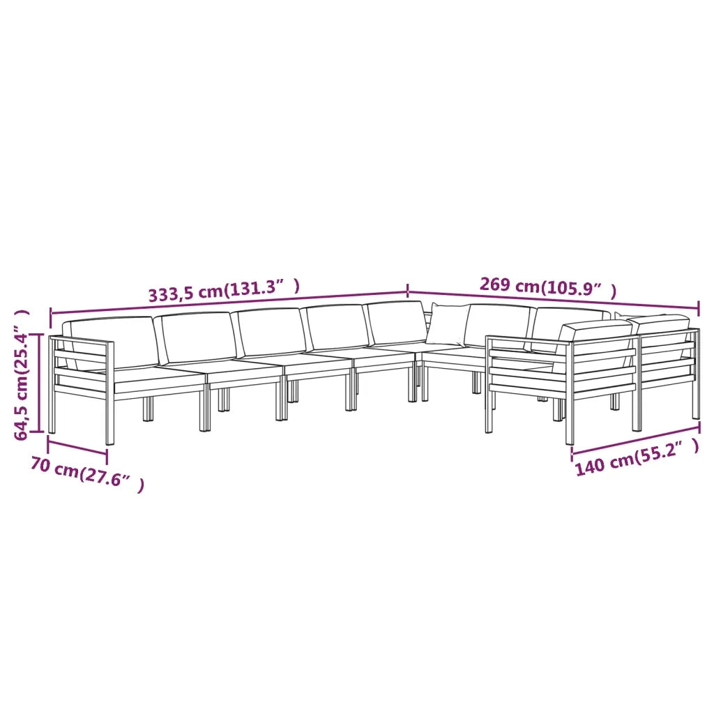 Set Divani da Giardino 9 pz con Cuscini in Alluminio Antracite