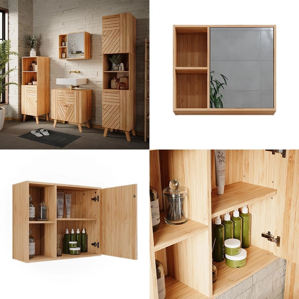 Mobile a specchio per il bagno Lucie, Bambù, 54 x 44.5 cm con specchio, adatto per la conservazione salvaspazio di accessori da bagno