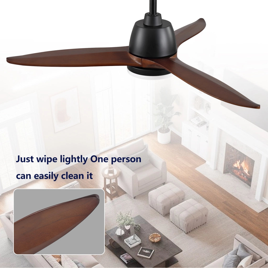 Ventilatore da soffitto moderno da 42 pollici nero con 3 pale in legno, luce LED dimmerabile e motore DC reversibile