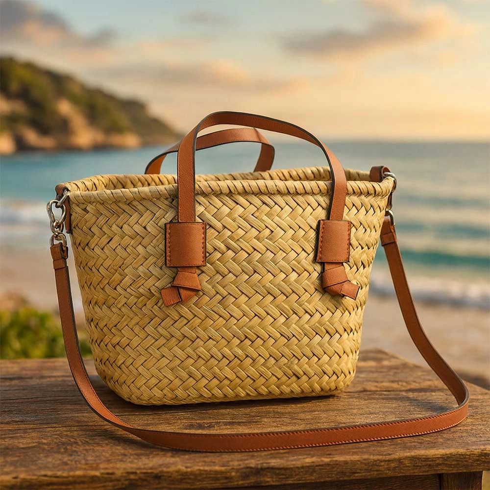 Borsa mare donna Erba in paglia intrecciata con tracolla manici in cuoio marrone