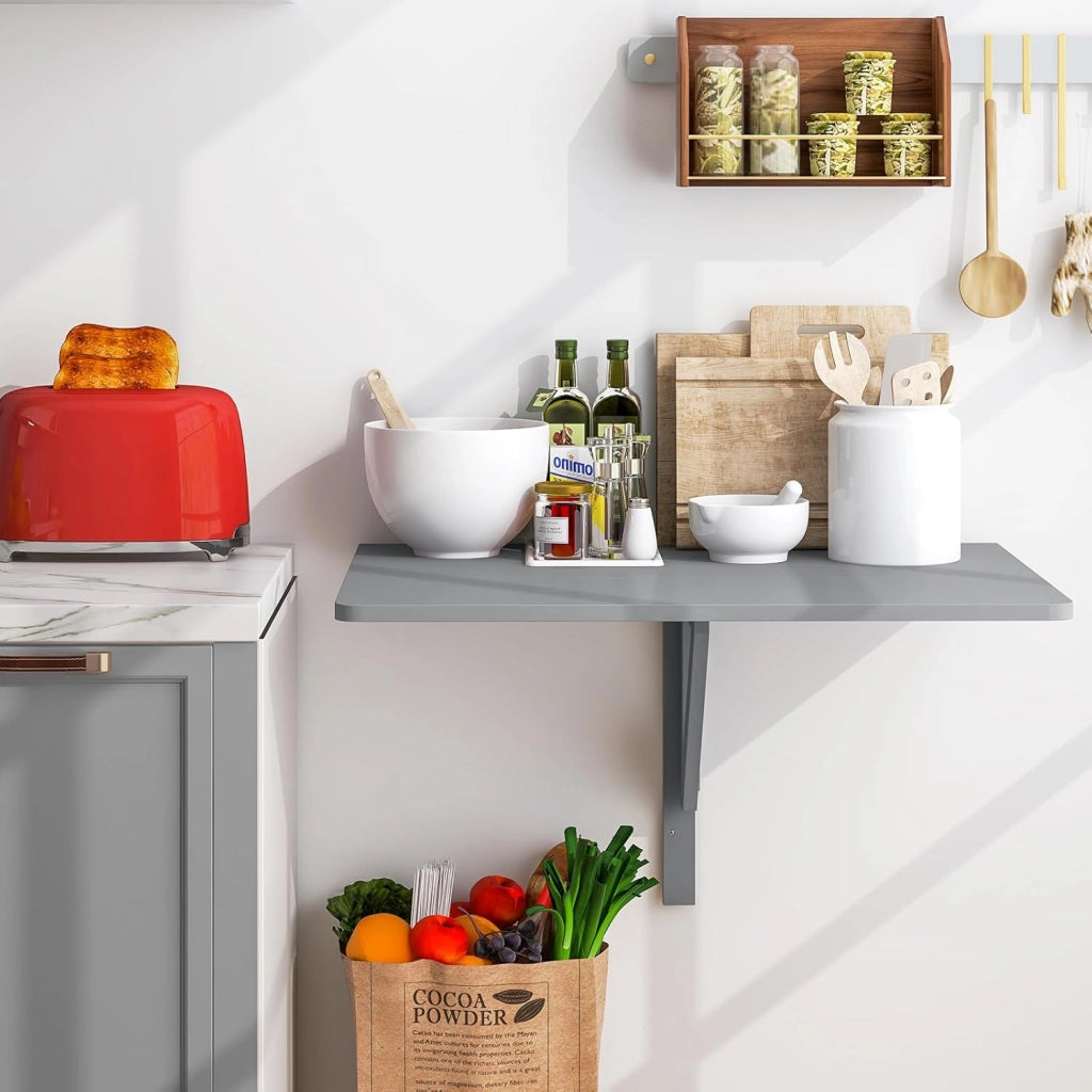 Tavolo Pieghevole a Muro, Tavolino Porta PC da Parete in Legno, Tavolo a Scomparsa Multifunzionale, Ideale per Soggiorno, Cucina e Studio, 80 x 60 x 45 cm (Grigio)