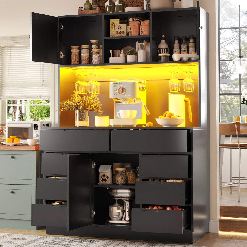 Credenza Alta da Cucina con 8 Cassetti e Ripiani Regolabili; LED; USB e Chiusura Magnetica; MDF; 120 x 40 x 183;5 cm; Nero