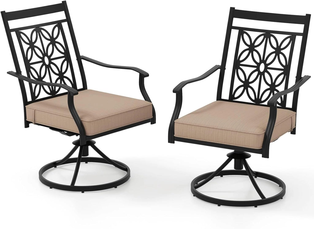 Set di 2 sedie da bistrot girevoli in metallo con braccioli curvi, telaio in metallo robusto e morbido cuscino di seduta, comode sedie da terrazza per giardino, patio, bistrot