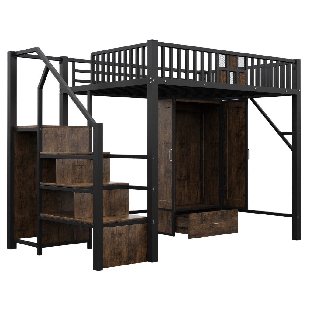 Letto a soppalco 140x200 cm in metallo e legno; nero; con armadio e scala contenitore