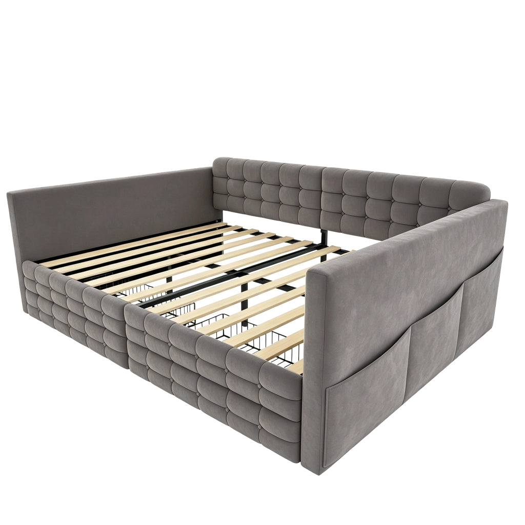 Letto a Divanetto 140x190 cm; Contenitore; 2 Cassetti; Tasche laterali; Grigio