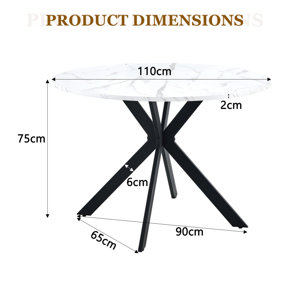 Tavolo da pranzo rotondo 110 cm in MDF effetto marmo bianco con gambe nere in metallo