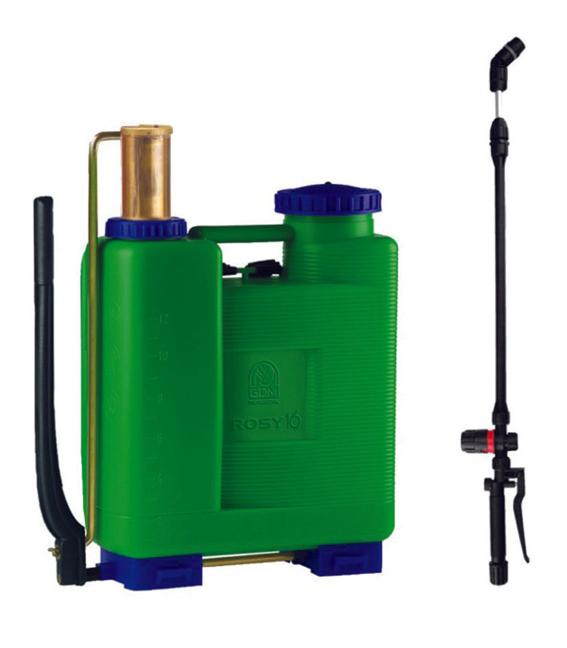 POMPA A ZAINO ROSY 16 LT.17,95 CON REGOLATORE POMPANTE OTTONE  con pompante in OTTONE    DI MARTINO