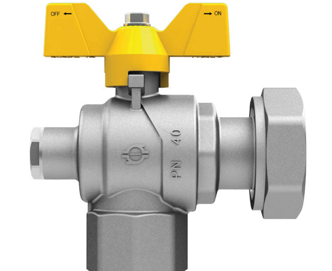 VALVOLA ARRESTO A SFERA IN OTTONE A SQUADRA CON FARFALLA E PRESA PRESSIONE PER GAS FEMMINA DADO GIRE 3/4X1   F.I.V.
