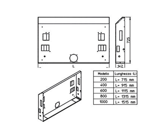 Cassaforma per ventilconvettori ad incasso modello airleaf sli-rsi  Mod.600  dim.(lxhxp)= 1115x142x725 mm  Innova srl