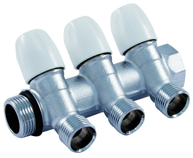 COLLETTORE LINEARE IN OTTONE CROMATO MODELLO MAXIMA CON RUBINETTO D'ARRESTO 3/4X1/2  2 VIE   TIEMME RACCORDERIE SPA