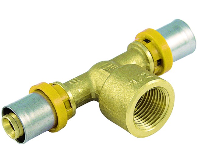 RACCORDO A T FEMMINA PER TUBO MULTISTRATO A PRESSARE PER GAS MODELLO AL-COBRAPEX 3/4ø20   TIEMME RACCORDERIE SPA