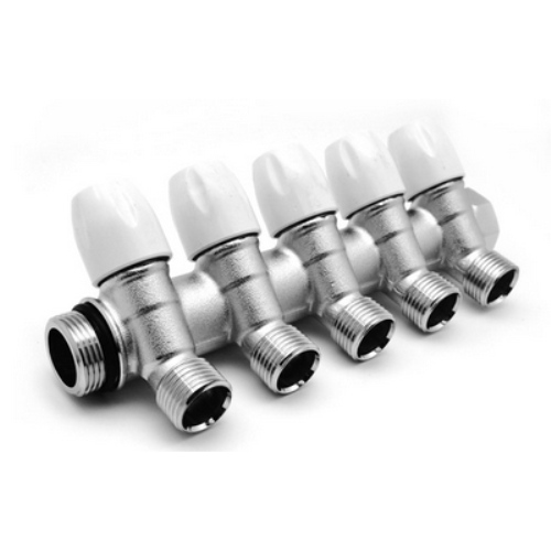 COLLETTORE LINEARE IN OTTONE CROMATO MODELLO MAXIMA CON RUBINETTO D'ARRESTO 3/4X1/2  5 VIE   TIEMME RACCORDERIE SPA