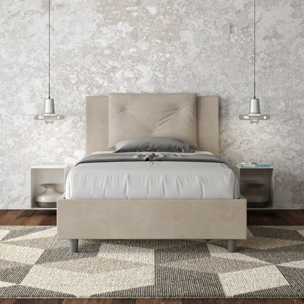 Letto una piazza e mezza con rete imbottito 120x200 microfibra sabbia Appia