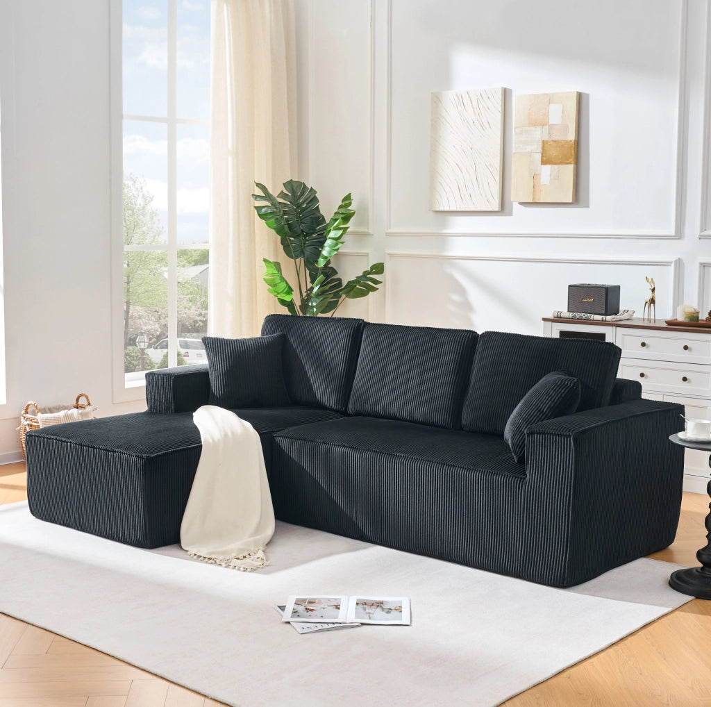 Divano angolare modulare a L; 2 posti con chaise longue; 235 x 128 x 60 cm; velluto a coste nero