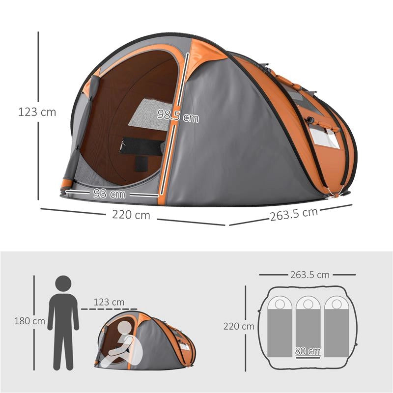 TENDA DA CAMPEGGIO POP UP 2 POSTI CON 2 PORTE, 4 FINESTRE E TELO IMPERMEABILE, 263.5X220X123 CM, ARANCIONE