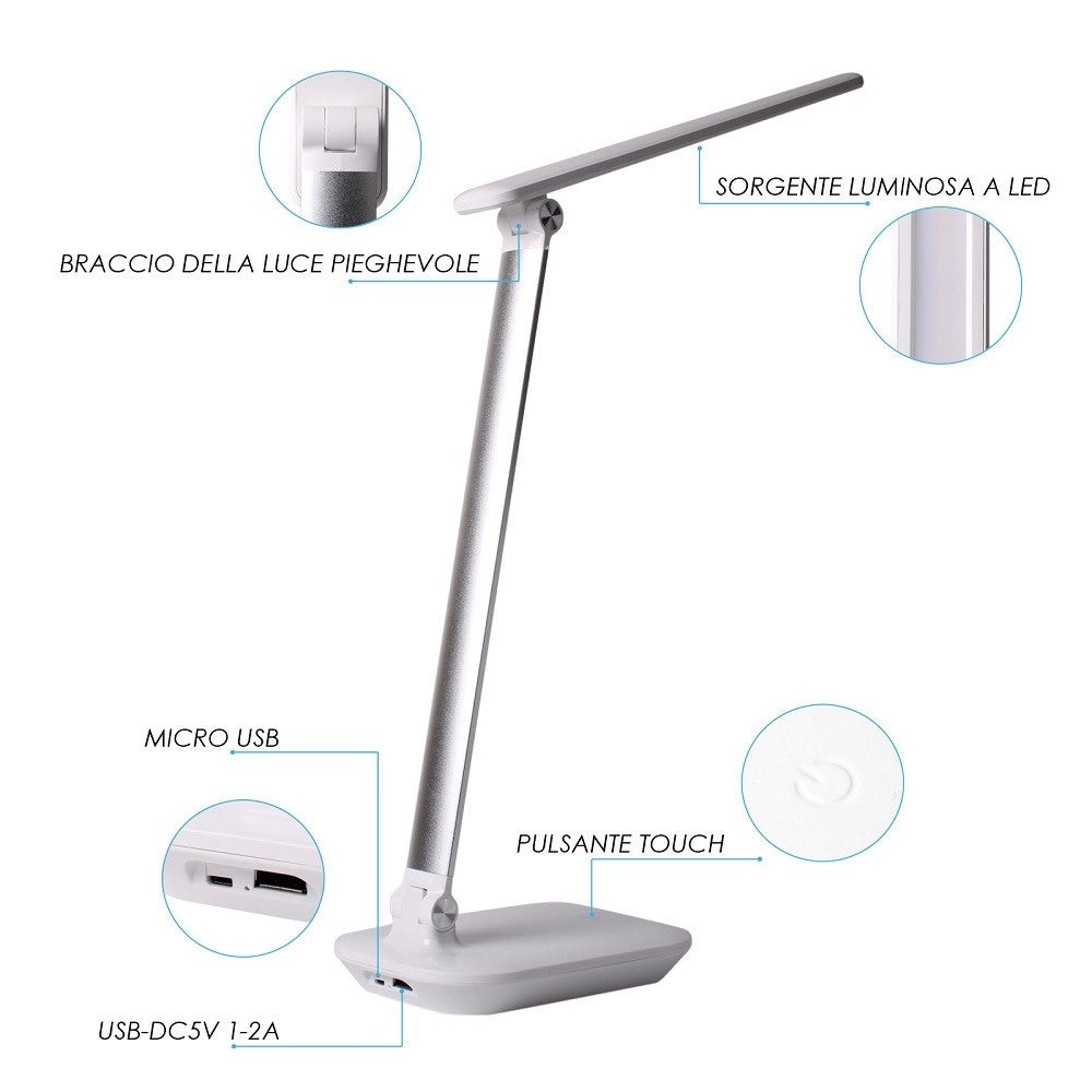 Trade Shop - Lampada Led Ricaricabile Da Tavolo Scrivania Touch Braccio Pieghevole Dt-2682 -