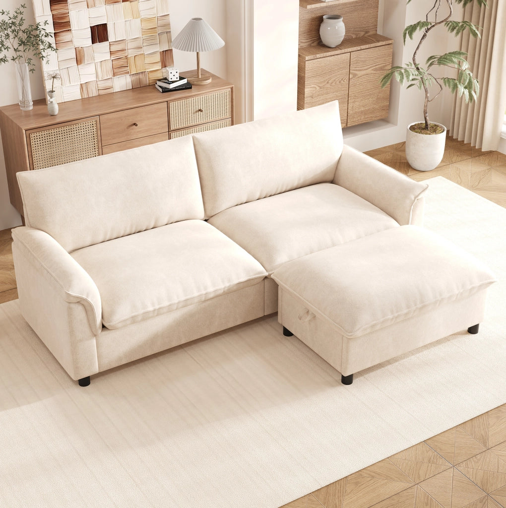 Divano modulare in chenille beige con pouf contenitore, 216 × 77 × 82 cm