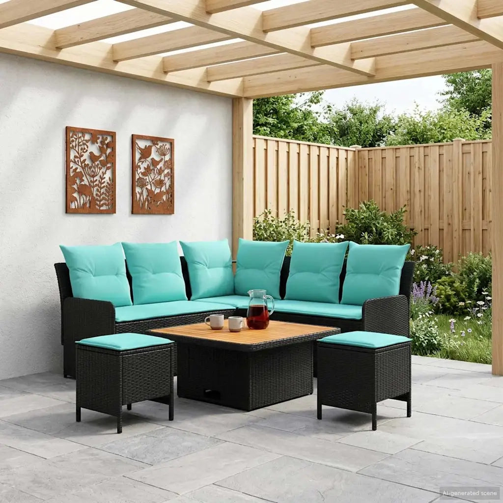 Set di Mobili con cuscino 6 pcs Nero e Turchese Rattan in PE