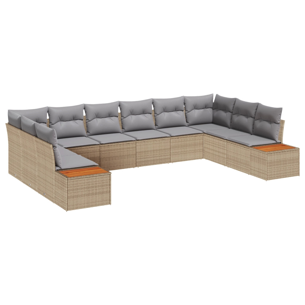 Set Divano da Giardino da 10 Pezzi con Cuscini Beige Polyrattan Acacia