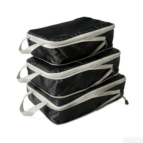 Set di trasporto per viaggio 3 pezzi con borse compressibili, borse di trasporto portatili con grande capacità, borse di imballaggio e organizzazione per bagagli, leggero, compressibile e spazievitore (nero).