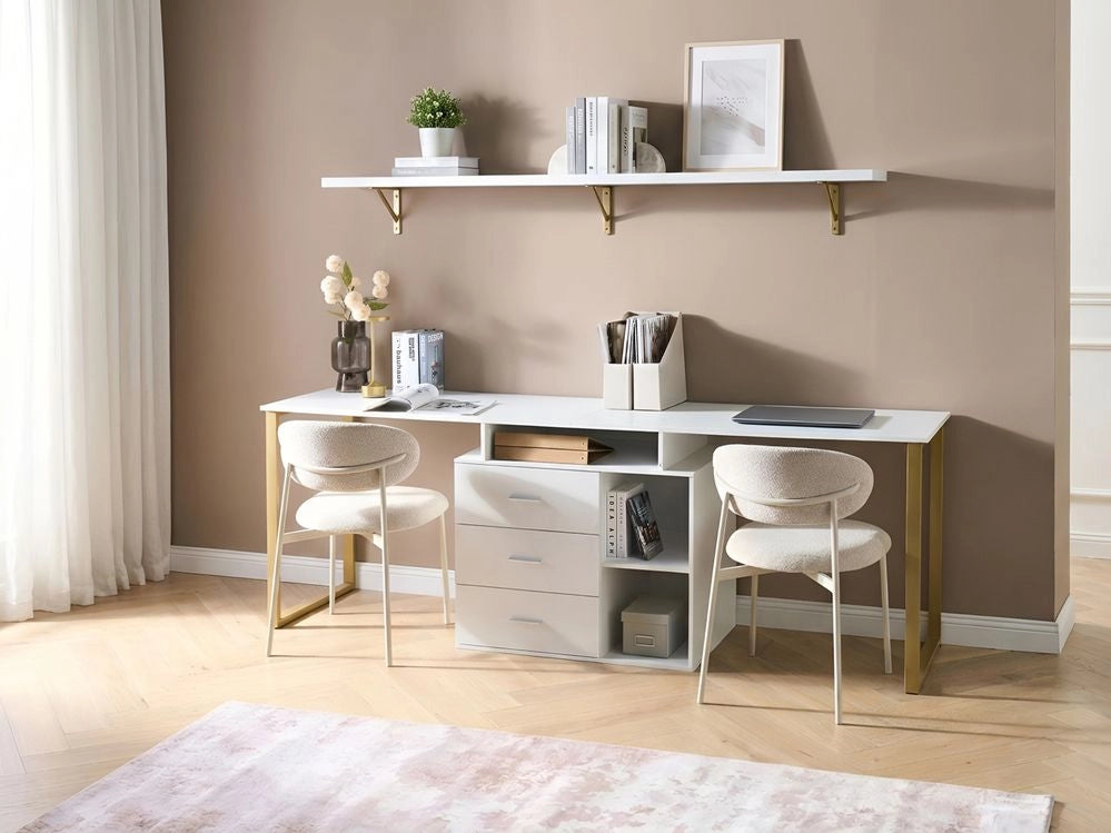 Scrivania da ufficio per casa in truciolare bianco con piano modulare angolare cassetti e ripiani