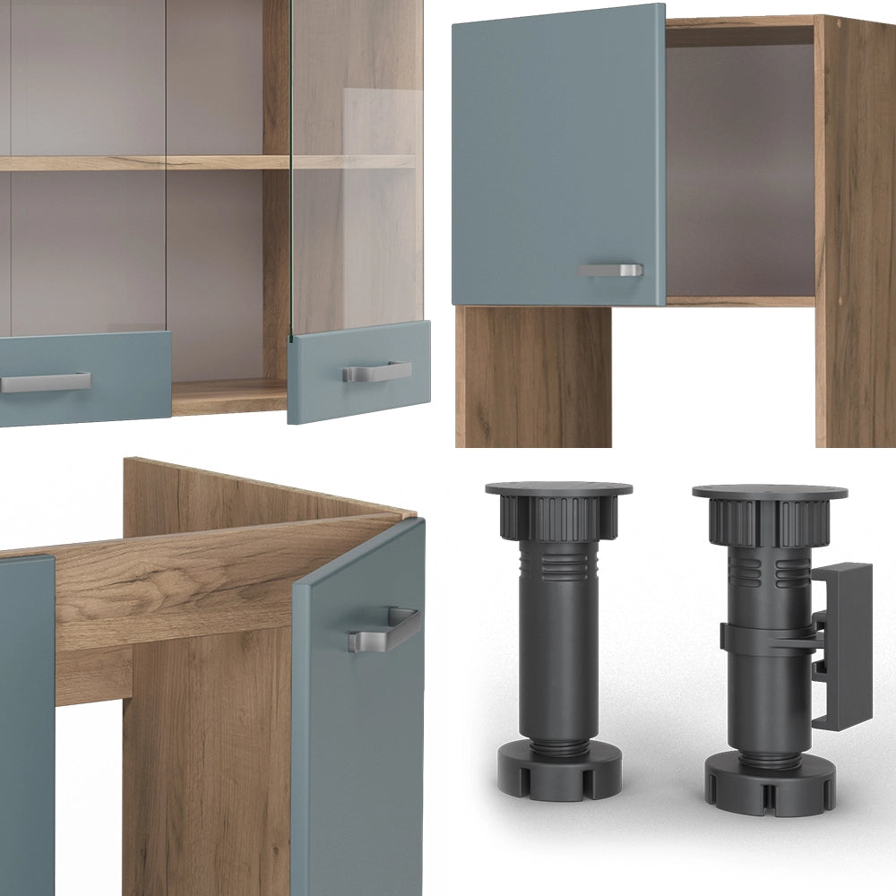 Vicco Cucina angolare completa Rovere blu-grigio/oro 237 x 60 cm senza piano di lavoro