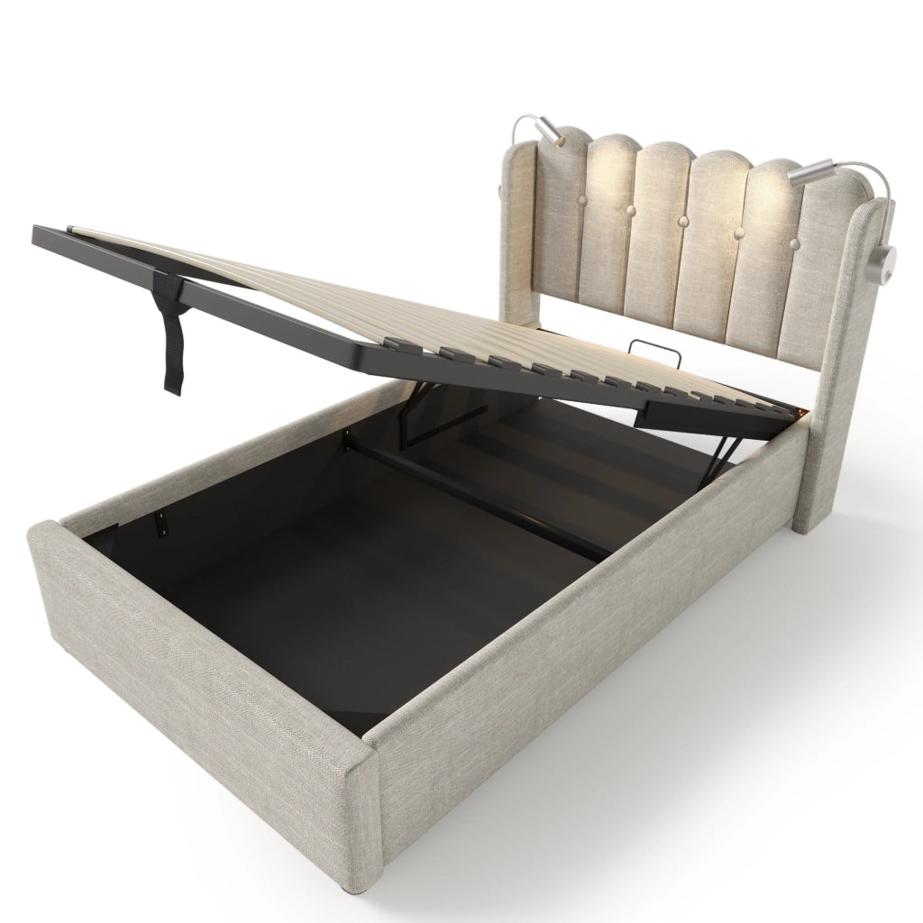 OKWISH Letto contenitore 90×200 cm, Letto Singolo con Testiera, Lampada da Lettura e USB, senza Materasso, in Lino, Naturale