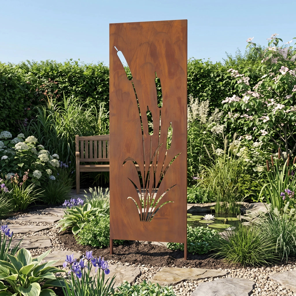 Set di 2 Pannelli Divisori Irsina Frangivista con Motivo Canne 160x50 cm Acciaio Corten - Marrone Ossidato casa.pro