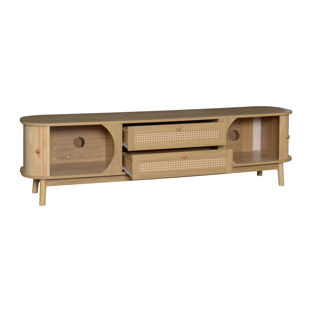 OKWISH Mobile TV con Ante e Cassetti, Frontali Effetto Rattan, Stile Naturale per Soggiorno, MDF e Legno Massello, 170×39,5×46 cm