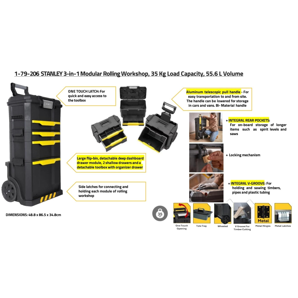 Mobile Portautensili 3 in 1 su Ruote Stanley Cm 48X34 H.cm 86 179206