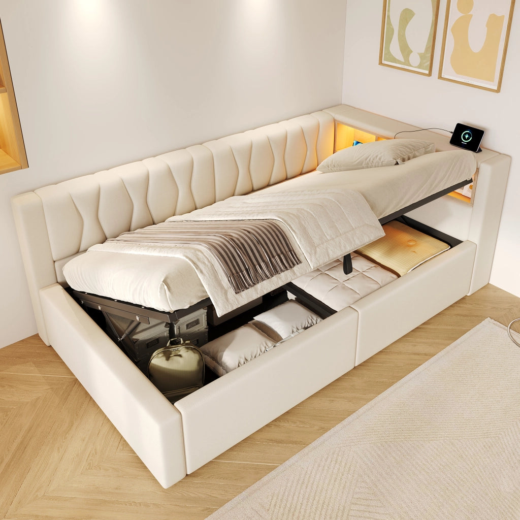 Letto contenitore 90x200 cm con LED dimmerabile; testiera con ripiano e prese USB; beige