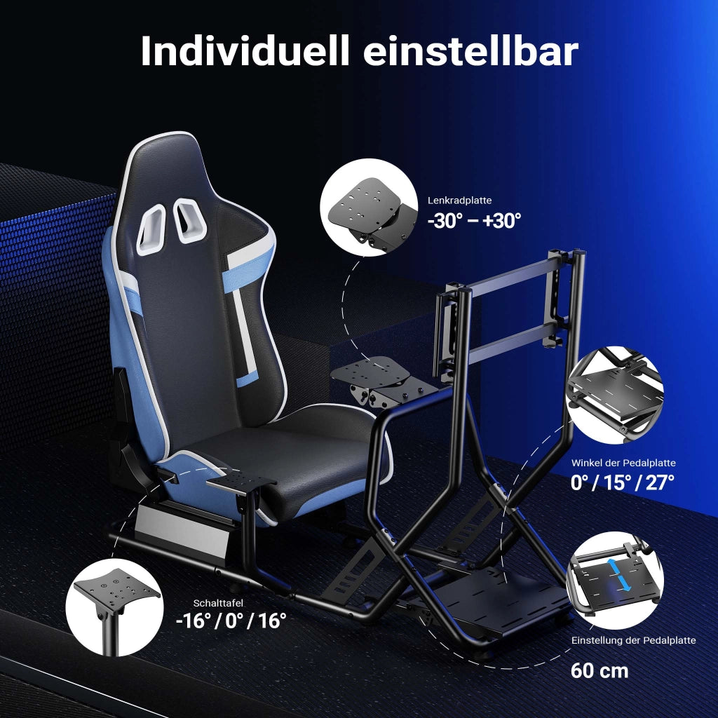 Postazione simulatore di guida 71 x 136 x 108 cm, con cockpit, reggi monitor e sedia gaming con portata max 100 kg, fissaggi per volante, leva del cambio e pedali