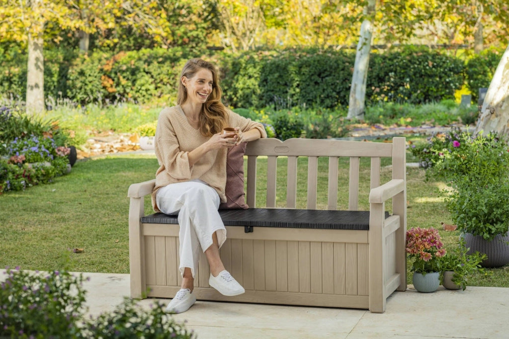 Cassapanca outdoor Chestermere, Baule da giardino, Contenitore da esterno, Panchina contenitore da esterno, 140x60 h84 cm, Beige e Marrone