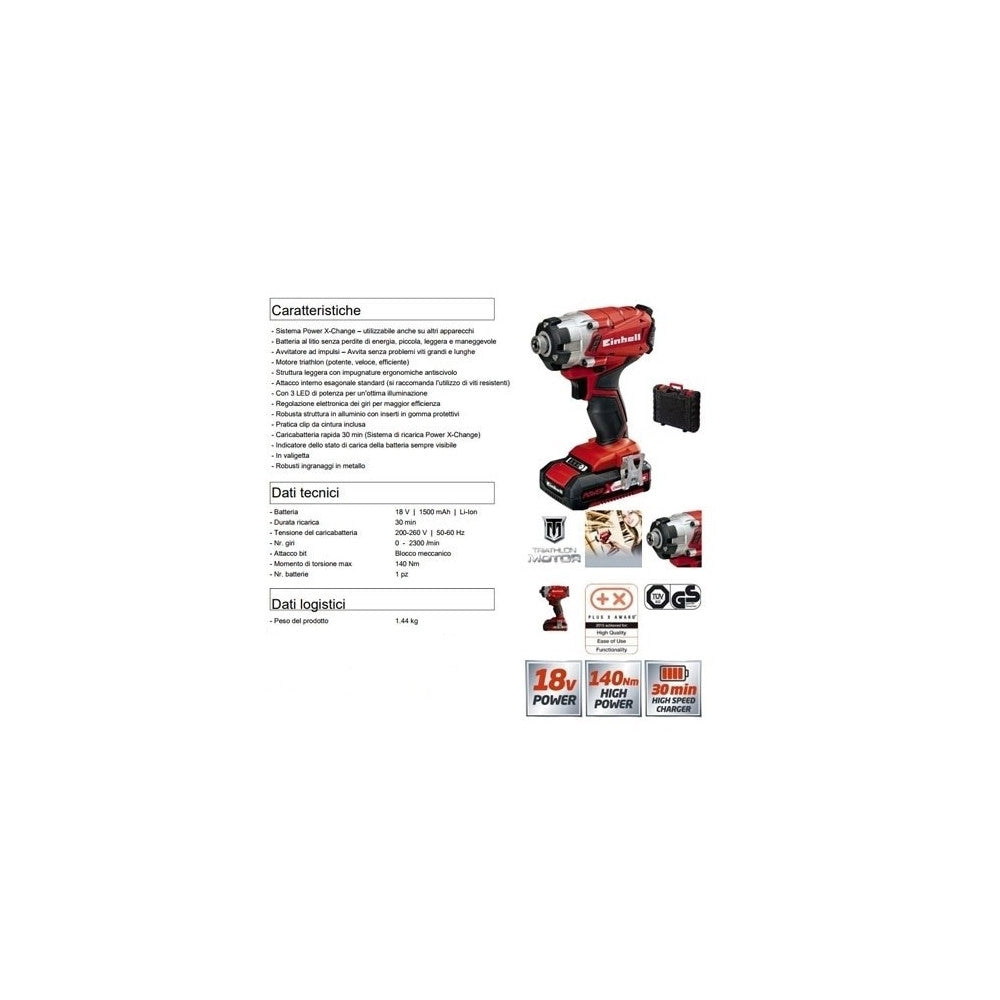 Trade Shop - Avvitatore A Impulsi A Batteria Einhell Te-ci 18 Li Kit Batteria 18v 1,5 Ah -