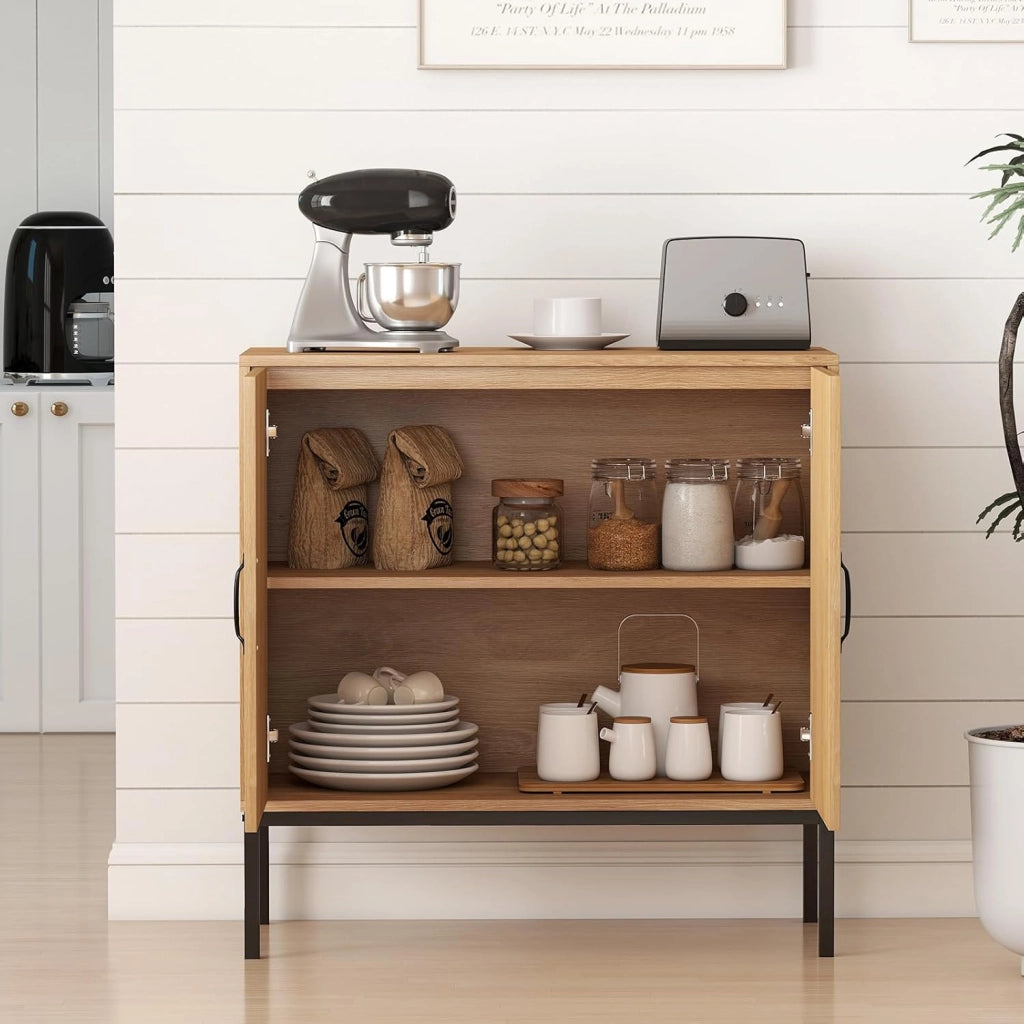 Credenza Cucina con 2 Ante in Rattan, Ripiano Regolabile in 3 Posizioni, Gambe in Metallo, Kit Antiribaltamento, Mobile Cucina Dispensa, Mobiletto per Soggiorno, Sala da Pranzo (Naturale)