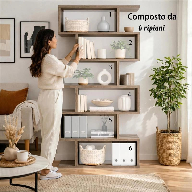 LIBRERIA ALANA CON 6 RIPIANI SFALSATI IN DESIGN MODERNO NATURALE 80 X 23,5 X H190,5 CM